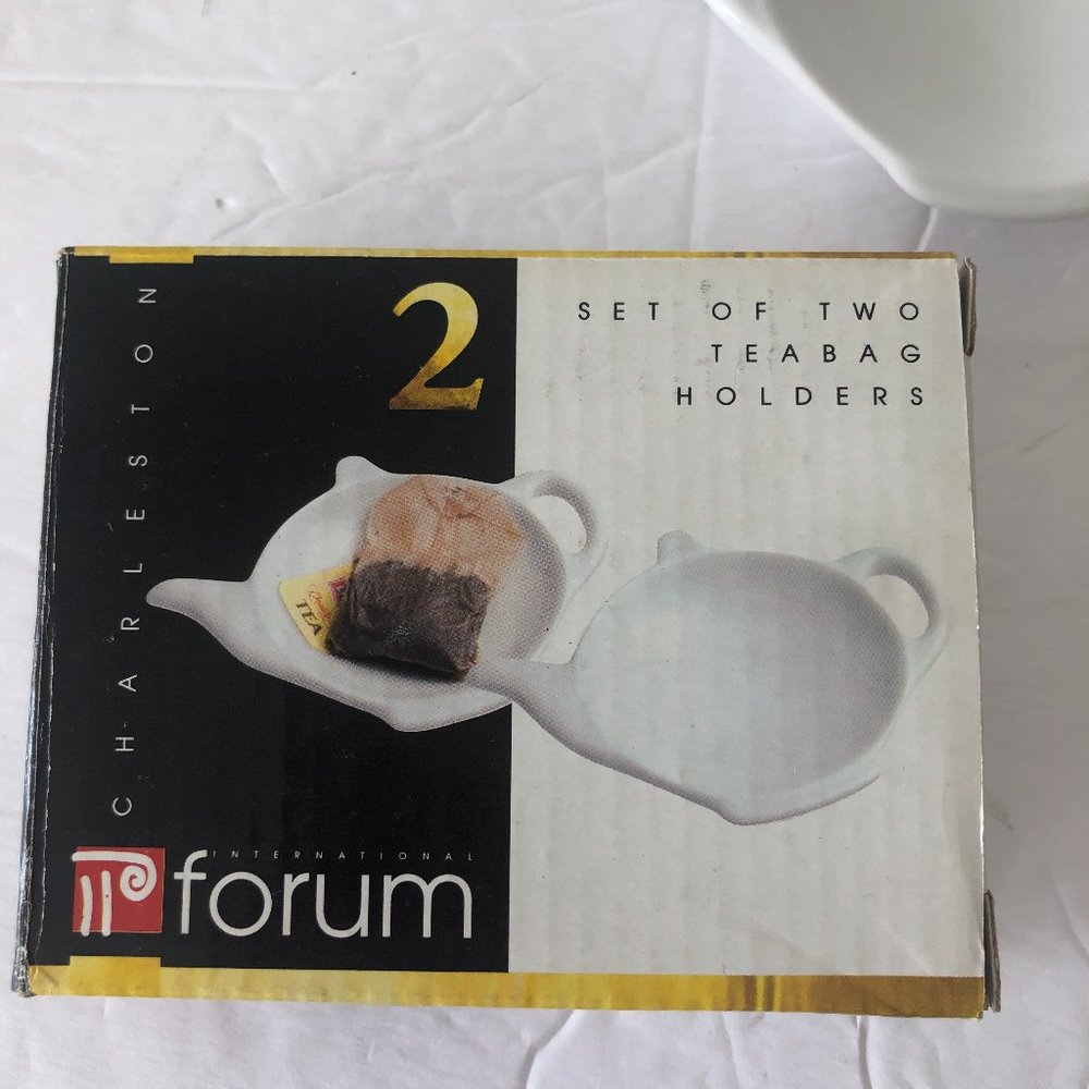 2 pc Charleston Forum Tea Bag Holders Ceramic Teapot Shape 4 1/2" x 3 1/4" White